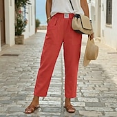 Femmes Pantalon en coton et lin Slacks Pantalon d'été 100% Coton Uni Classique Longueur cheville Taille Moyenne Avec Poches Bouffant Conception à cordon élastique Confort Respirabilité Doux
