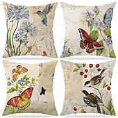 baratos Jogue travesseiros, inserções e capas-Capa de almofada decorativa em linho com estampa floral de primavera e pássaros, ideal para sala de estar, sofá e decoração de casa.