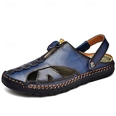 cheap Casual Sandals-Men's Brown Faux Leather Closed-Toe Sandals, Hand-Stitched Breathable Casual Shoes for Summer Outdoor &amp; Beach Wear