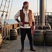 economico Outfit-Set Retrò Vintage Medievale Rinascimento Pantaloni Copricapo Gilet con accessori Lunghe Pirata Girocollo Costume Per uomo Halloween Carnevale Fiera Rinascimentale LARP Adulti Gilet Camicia Pantaloni