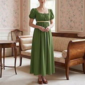 preiswerte Kleid-19. Jahrhundert Regency-Zeit Knöchellänge Kleid Kurze Ärmel Prinzessin Dame Edelfrau Einfarbig Quadrathals Kostüm Damen königlich Halloween Karneval Teegesellschaft LARP Renaissance-Messe Erwachsene
