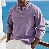voordelige Casual Henley-T-shirt-Voor heren T-shirt Henley-shirt Overhemd van 100% katoen met zure wassing Lange mouw Effen Effen kleur Vintage Streetwear Casual Kledingstuk geverfd Bleek Puur Opstaand Henley Casual Huis Straat