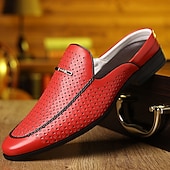 baratos Socas e Mules para Homem-Mocassins masculinos vermelhos em couro sintético – design elegante com perfurações para maior respirabilidade, perfeitos para o escritório, eventos formais e passeios casuais.
