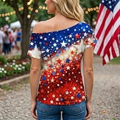 preiswerte Oberteile-250-jähriges Jubiläum USA Retro Vintage 1980er T-Shirt Ein-Schulter Kurze Ärmel Kostüm Damen 4. Juli Unabhängigkeitstag Erwachsene T-shirt