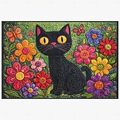 economico Zerbini-zerbino finto ricamato con elegante gatto nero circondato da un colorato giardino fiorito