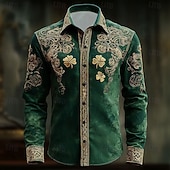  יום פטריק הקדוש בגדי ריקוד גברים תלתן ארבעה עלים תלתן אמנות קלטית חולצה חולצה עם כפתורים שרוול ארוך רטרו וינטג' חגים אביב סתיו צווארון מתקפל הדפסת תלת מימד חולצה כמו פשתן תלתן