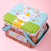 cheap Easter-Easter Bunny Tin Carry Basket, Colorful Metal Rabbit Storage Box with Handle, Creative Easter Decoration Treat Gift Container