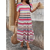 voordelige Gestreepte &amp; Geometrische Jurken-Dames Maxi-jurk Casual jurk T shirt jurk A lijn jurk Modieus Modern Dagelijks Vakantie Uitgaan Ruim Passend Gestreept Korte mouw V-hals blauw Blozend Roze Rood Paars Zomer Lente