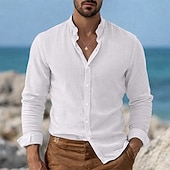 baratos Férias-Homens Camisa Social Camisa de linho Camisa de colarinho chinês Camisa gola mandarim Camisa casual camisa de botão Tecido Streetwear Férias Azul Preto Branco Rosa Manga Longa colarinho do vovô