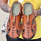 cheap Casual Sandals-Men's Brown Faux Leather Closed-Toe Sandals, Hand-Stitched Breathable Casual Shoes for Summer Outdoor &amp; Beach Wear