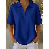  Damskie Podkoszulek Koszulki polo Koszulki Swetry w wafelkowatej dzianinie Równina Moda Elegancki Podstawowy Krótki rękaw Kołnierzyk koszuli Zwykłe topy Codzienny Wyjściowe Weekend Niebieski Czarny