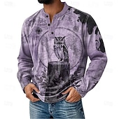 halpa Vintage &amp;amp; Retro-Miesten Kuvitettu Pöllö Henley-paita Pitkähihainen Muoti söpö tyyli Päivittäin Kausaliteetti Pyhäpäivä Bile Syystalvi Kevät Sininen Purppura Khaki Harmaa Henley Henley T-paita