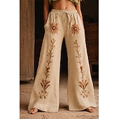  女性用 ワイドレッグ パンツ パラッツォパンツ ファッション ボヘミアン 全長 ハイウエスト フラワー ドローストリング 弾性ウエスト プリント 通気性 快適 ストリート デイリーウェア お出かけ ブルー グリーン ベージュ 春 秋 レギュラー