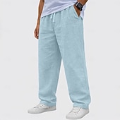 baratos Clássico-Homens Calças de linho Calças Calça verão Calças largas Calças de praia Com Cordão Cintura elástica Perna reta Tecido Conforto Respirável Comprimento total Casual Diário Feriado Moda Básico Preto