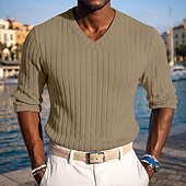 abordables T-shirt en tricot côtelé-Homme T-shirt Débardeur Musclé T-shirt en tricot côtelé Chemise à Manches Longues manche longue Col en V Printemps Automne Hiver Uni Bande de Fosse Mode Designer Basique Tricot Occasionnel Vacances
