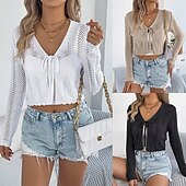 preiswerte Einfarbiger Cardigan-Damen Pullover Strickjacke Urlaub Mode Lässig Einfarbig Gehäkelt V Ausschnitt Schnürung Gestrickt Langarm Crop Tops Stricken Täglich Outdoor Wochenende Schwarz Weiß Sommer Frühling