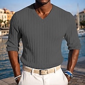 abordables T-shirt en tricot côtelé-Homme T-shirt Débardeur Musclé T-shirt en tricot côtelé Chemise à Manches Longues manche longue Col en V Printemps Automne Hiver Uni Bande de Fosse Mode Designer Basique Tricot Occasionnel Vacances