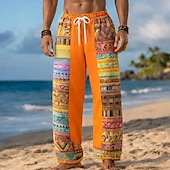 abordables Pantalons décontractés imprimés pour hommes-Homme Géométrique Ethnique Art abstrait Pantalons Pantalon décontracté Pantalons Amples Taille Moyenne Mode Maison Extérieur Vacances Taille élastique avec cordon de serrage Pantalon en lin avec