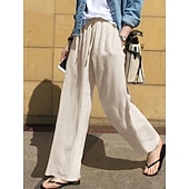 preiswerte Wesentliche Falsche Unterteile-Damen Kunstbaumwollleinen Weites Bein Chinos Sommerhose Urlaub Mode Streetwear Volle Länge Hohe Taille Einfach Tasche Elastischer Bund Bequem Komfort Weich Dehnbar Täglich Outdoor Straße Marineblau