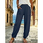 economico Fondi-pantaloni estivi da donna 100% cotone pantaloni pantaloni da spiaggia vacanza boho lunghezza alla caviglia colore naturale tinta unita tasca vita elasticizzata spiaggia casual nero bianco verde militare blu scuro estate primavera autunno