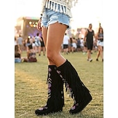 abordables Mujeres-Botas hasta la rodilla de gamuza sintética bordada con flecos para mujer, estilo bohemio para festivales y ropa informal