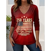  Itsenäisyyspäivä amerikkalainen juhlavuosi isänmaallinen naisten t-paita painatus graafinen amerikkalainen lippu vintage tyylikäs rento pitkähihaisella V-kaula-aukolla säännölliset yöpaitat