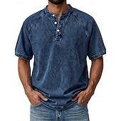  Miesten T-paita Demin paita 100 % puuvillahappopesupaita Henley toppi Lyhythihainen Tavallinen Vintage Katutyyli Vapaa-aika Pesty Raglan Sleeves Stand-kaula-aukko Henley Kausaliteetti Koti Katu Kevät