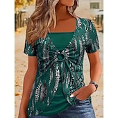 abordables Blusas a rayas y geométricas-Mujer Camiseta Camiseta superior Retazos Estampado Bloque de color Moda Elegante Casual Manga Corta Cuello Barco Tops regulares Diario Noche Fin de semana Azul Piscina Negro Vino Verde Trébol Café