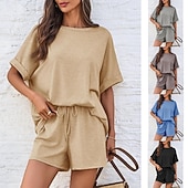 billiga Blusdräkter för kvinnor-Dam Set med shorts Bolero Top Kortärmad Rund hals Ensfärgat Snörning Mode Streetwear Ledigt Dagligen Utomhus Blå Svart Brun Sommar Lös passning