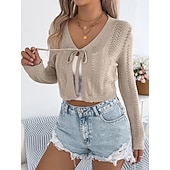 preiswerte Einfarbiger Cardigan-Damen Pullover Strickjacke Urlaub Mode Lässig Einfarbig Gehäkelt V Ausschnitt Schnürung Gestrickt Langarm Crop Tops Stricken Täglich Outdoor Wochenende Schwarz Weiß Sommer Frühling