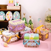 cheap Easter-Easter Bunny Tin Carry Basket, Colorful Metal Rabbit Storage Box with Handle, Creative Easter Decoration Treat Gift Container