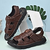 cheap Outdoor Sandals-Men's Faux Leather Velcro Strap Sandals, Breathable and Adjustable for Summer Vacations, Beach Days and Relaxed Casual Wear