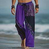 cheap Men's Printed Casual Pants-Men's Geometric Color Block Trousers Baggy Pants Casual Pants Mid Waist Fashion Home Outdoor Vacation Elastic Drawstring Waist Linen-Like Pants with Pockets Summer Spring 3D Print Blue Red Purple