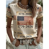  Koszulka patriotyczna dla kobiet z okazji Dnia Niepodległości Amerykańska rocznica nadruk graficzny flaga narodowa vintage elegancka klasyczna krótki rękaw okrągły dekolt regularne bluzki codzienne