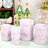 cheap Easter-4pcs/set Easter Pink Bunny Tin Storage Bucket, Metal Rabbit Candy Gift Packaging Can, Empty Treat Container Box