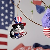  8 stk. patriotiske ornamenter til 4. juli, søt kattunge i tekopp hengende dekorasjon, uavhengighetsdagen rød hvit blå amerikansk flagg klatretre dekor til hjemmefest, minnedagsgaver til katteelskere