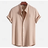 cheap Men's Button Up Shirts-Men's Shirt Summer Shirt Beach Wear Corduroy Shirt Navy Blue Short Sleeve Plain Stand Collar Mandarin Collar Henley Casual Daily Clothing Apparel Fashion Casual Comfortable Smart Casual