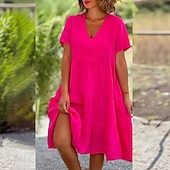 billige Essensielle falske kjoler-Dame Mini kjole Imitert bomullslin Uformell kjole Bomullskjole Elegant Mote Moderne utendørs Feriereise Ut på byen Løstsittende عادي Kortermet V-hals Blå Svart Rød Oransje Sommer Vår