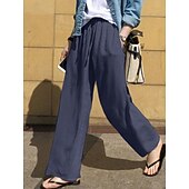 preiswerte Wesentliche Falsche Unterteile-Damen Kunstbaumwollleinen Weites Bein Chinos Sommerhose Urlaub Mode Streetwear Volle Länge Hohe Taille Einfach Tasche Elastischer Bund Bequem Komfort Weich Dehnbar Täglich Outdoor Straße Marineblau