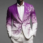billige Herretrykte blazere-Herre Blomstermønster Blazer jakke Frakk Mote Bekvem Pustende Kunstnerisk Fritid Daglig Formell Festkveldsklær 3D-utskrift Knapper Multi lomme Høst vinter Vår Med hakk Langermet Blå Rød Lilla