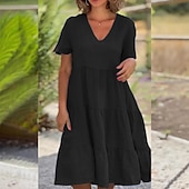 billige Essensielle falske kjoler-Dame Mini kjole Imitert bomullslin Uformell kjole Bomullskjole Elegant Mote Moderne utendørs Feriereise Ut på byen Løstsittende عادي Kortermet V-hals Blå Svart Rød Oransje Sommer Vår