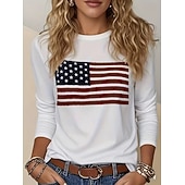  Ημέρα Ανεξαρτησίας Πατριωτική Γυναικεία Μπλούζα T Εκτύπωση Γραφικά Σημαία Αμερικανική Σημαία Στυλάτη Κλασική Καθημερινή Μακριά Μανίκια Crew Neck Κανονικά Tops Καθημερινά Λευκό Καλοκαίρι Άνοιξη