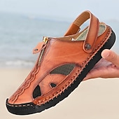 cheap Casual Sandals-Men's Brown Faux Leather Closed-Toe Sandals, Hand-Stitched Breathable Casual Shoes for Summer Outdoor &amp; Beach Wear