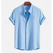 cheap Men's Button Up Shirts-Men's Shirt Summer Shirt Beach Wear Corduroy Shirt Navy Blue Short Sleeve Plain Stand Collar Mandarin Collar Henley Casual Daily Clothing Apparel Fashion Casual Comfortable Smart Casual
