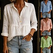preiswerte Hemden-Damen Hemden in Leinenoptik Bluse Baumwollhemd Knöpfe Einfarbig Basic Lässig Langarm Hemdkragen Normale Oberteile Täglich Weiß Rosa Himmelblau Grün Sommer Frühling Herbst