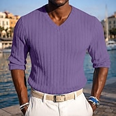 abordables T-shirt en tricot côtelé-Homme T-shirt Débardeur Musclé T-shirt en tricot côtelé Chemise à Manches Longues manche longue Col en V Printemps Automne Hiver Uni Bande de Fosse Mode Designer Basique Tricot Occasionnel Vacances