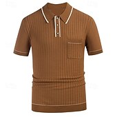 お買い得  メンズ クラシックポロ-男性用 ニットポロ カジュアル ラペル 半袖 オールドマネースタイル ストライプ ライン／ウェイブ ポケット 夏 春 ダークブラウン ダックグレー ネイビーブルー ダークグリーン カーキ色 ニットポロ