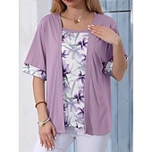 preiswerte Blumenblusen-Damen Bluse Patchwork Blumen Elegant Urlaub Lässig Halbarm Quadrathals Normale Oberteile Täglich Himmelblau Purpur Grün Khaki Sommer Frühling