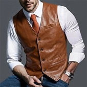 economico Gilet da uomo-Da uomo Gilet da esterno Gilet in pelle scamosciata Casuale Formale Vintage Moda Tutte le stagioni Tasca Scollo a V Pelle PU Calore Termico Di tendenza Tinta unica Monopetto Scollo a V Aderente Nero