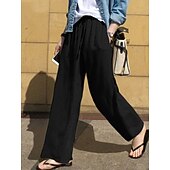 preiswerte Wesentliche Falsche Unterteile-Damen Kunstbaumwollleinen Weites Bein Chinos Sommerhose Urlaub Mode Streetwear Volle Länge Hohe Taille Einfach Tasche Elastischer Bund Bequem Komfort Weich Dehnbar Täglich Outdoor Straße Marineblau